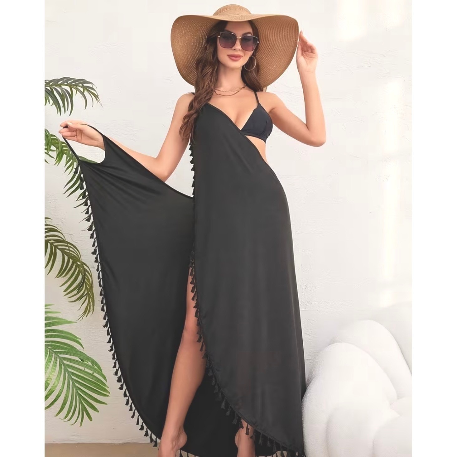 Black Tassel Fringe Beach Cover Up Wrap Sarong Dress | Plus Size 2xl